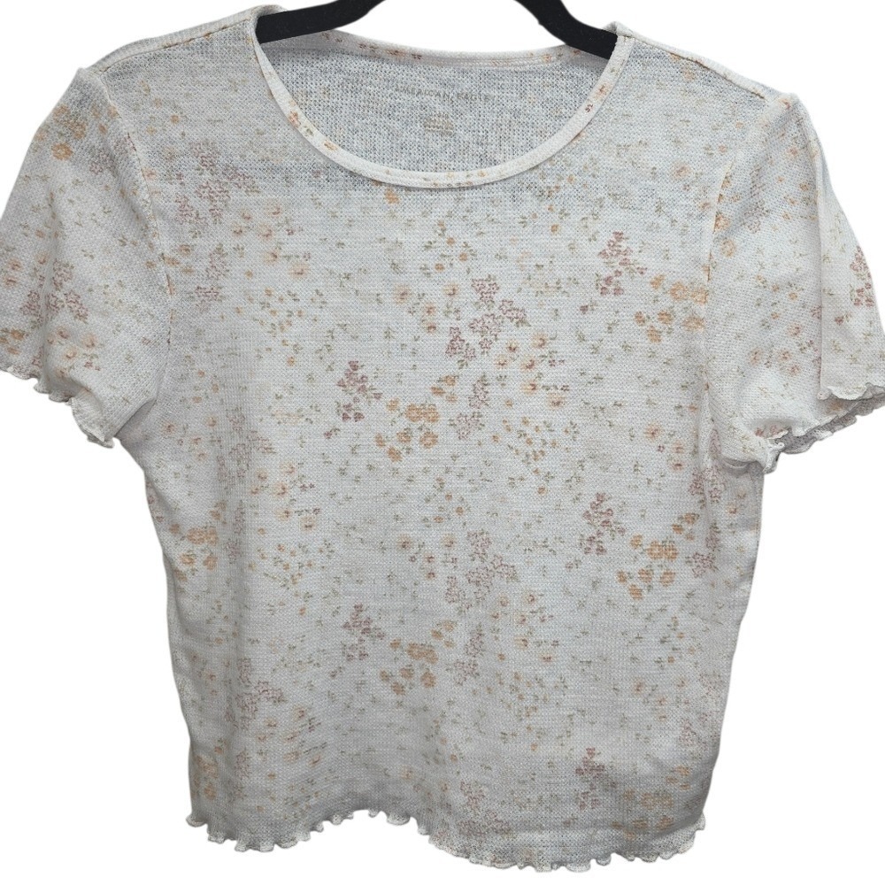 American Eagle Floral Textured Tee XXL Soft Lettuce Hem‎ Short Sleeve Top Waffle